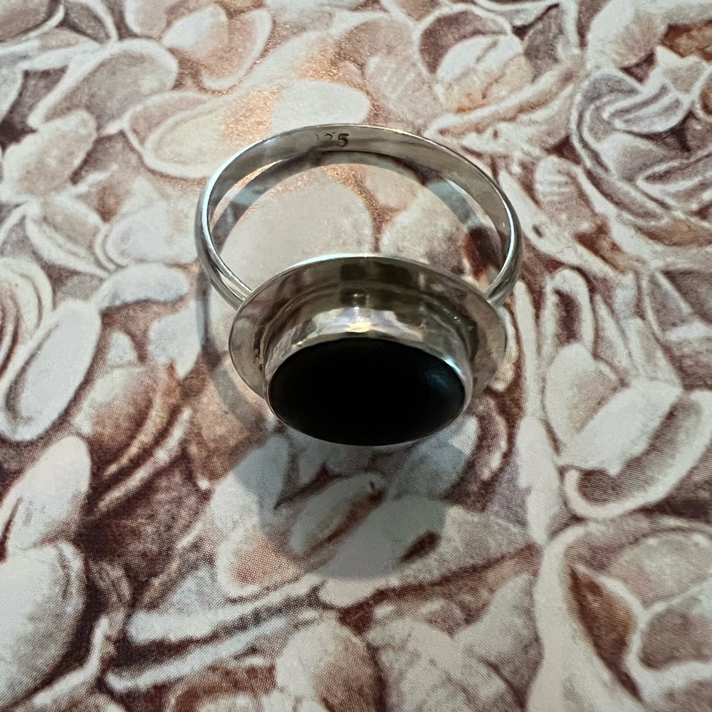 Sterling Silver Lamia  Black Sea Glass  Ring Size 8
